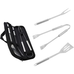 Three stainless steel barbecue tools including a spatula, fork, and tongs, packaged in a black pouch.