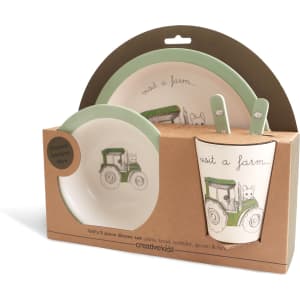A five-piece bamboo fibre tableware set featuring green and white dinnerware with a tractor design and a cup.