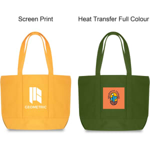 A yellow canvas zippered tote bag with a logo and an olive green canvas tote bag featuring a colourful design.