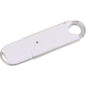 A white O-ring flash drive with a metallic keyring attachment. It has a sleek, compact design.