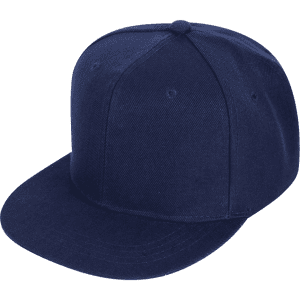 A navy blue 6 panel trucker cap with a rounded crown and a flat brim. Features a logo on the front.