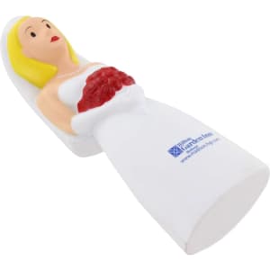 A white wedding bride stress reliever with a blonde bride holding a bouquet of red flowers and a logo.