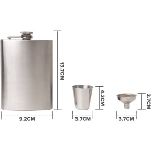 A stainless steel hip flask set featuring a flask, a drinking cup, and a funnel, all in silver.