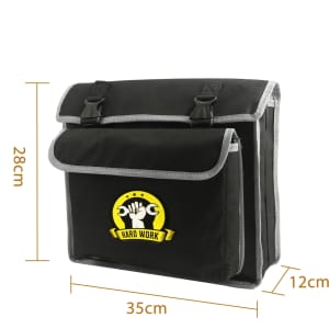 A black portable tool bag with grey trim and a logo, featuring two front pockets and dimensions provided.