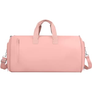 A pink convertible duffel bag with dual handles and a detachable shoulder strap, featuring a zippered pocket.