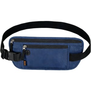 A navy fanny pack with multiple zippered compartments and an adjustable black strap. It features a logo.