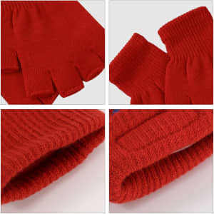 Red fingerless gloves with a knitted texture and woven label, featuring an open fingertip design.