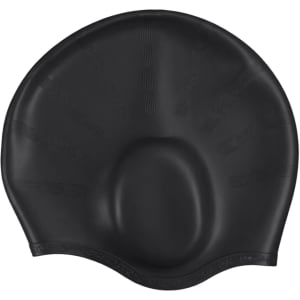 A black swimming cap with integrated earmuffs, featuring a sleek design and textured pattern.