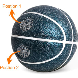 A mini basketball in dark teal with a textured surface and white stripes, featuring a logo.
