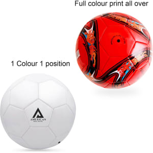 A red promotional soccer ball with a decorative design and a white soccer ball featuring a logo on one panel.