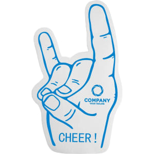 A foam mitt shaped like a hand making a "rock on" gesture, primarily blue in colour with a white background.