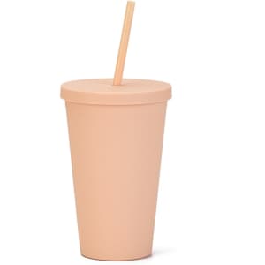 A 16oz matte plastic cup in a soft peach colour with a lid and a straw, featuring a logo.