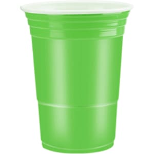 A green plastic cup with a ribbed design and a white rim, featuring a logo on the side.