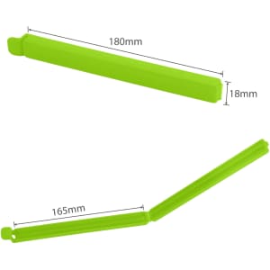 A large green food bag seal clip with two different angles displayed, measuring 180mm and 165mm.