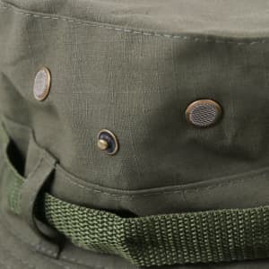 A green outdoor brim hat featuring metal snap buttons and a woven band for added style.