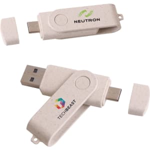 A double-end eco swivel Type C flash drive in beige with two connectors and branding.