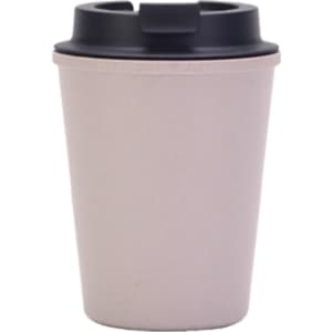 A drink bottle featuring a pale pink double wall design with a black lid, and a logo on the side.