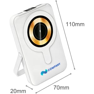 A white 10000mAh magnetic wireless power bank with a gold circular design and a built-in phone stand.