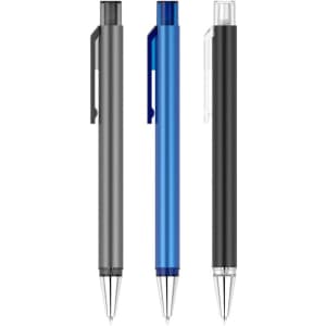 Three plastic pens in grey, blue, and black, each with a clip and a decorative logo.