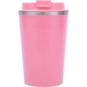 A stainless steel coffee mug in pink with a silver rim and a secure lid.