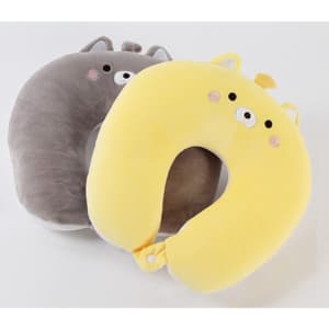 A grey and yellow cat-shaped 2-in-1 travel pillow, featuring plush textures and playful designs.