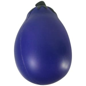 An eggplant-shaped stress reliever in purple with a green top, featuring a smooth, soft texture.