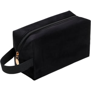 A black flannel cosmetic bag with a zip closure and a handle on one side. It features a simple design with no visible branding.