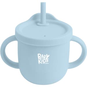 A drink bottle in light blue silicone with a straw and two handles, featuring a logo on the front.