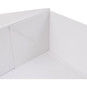 A white foldable magnetic box with clean edges and corners, featuring an interior view. It has a simple design and a logo.