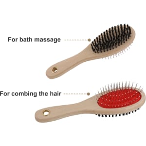 A wooden pet brush featuring two sides: one with pin bristles and the other with softer bristles, coloured black and red.