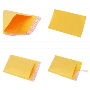 A small padded yellow bubble envelope, featuring a peel-and-seal adhesive closure and an interior bubble liner for protection.