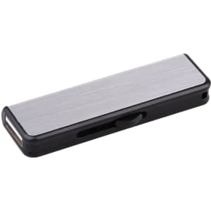 A sleek silver and black flash drive with a metallic finish and a slide mechanism for easy use.