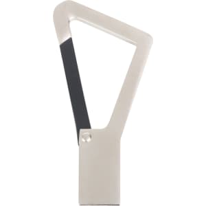 A silver and black triangle carabiner USB flash drive with a sleek, minimalist design and branding.