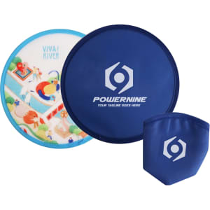 A 25cm foldable frisbee in blue and a matching pouch, featuring a vibrant design on one side and a logo.
