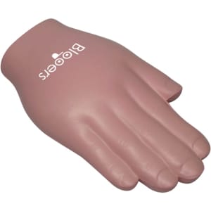 A pink palm-shaped stress reliever with a logo, designed for stress relief and relaxation.