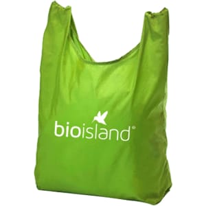 A green foldaway shopping tote bag with a logo on the front. The bag is lightweight and compact.