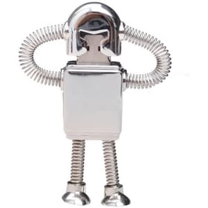 A metallic robot-shaped flash drive features flexible spring arms and legs, showcasing a shiny silver finish.