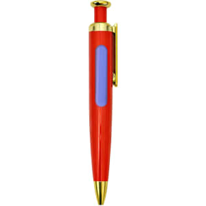 A red pen with a gold tip and clip, featuring a blue accent on the barrel and a logo on the clip.