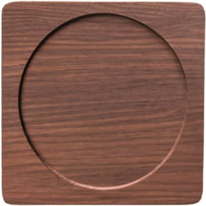 A square wooden coaster with a circular center, showcasing a rich dark brown colour and smooth finish.