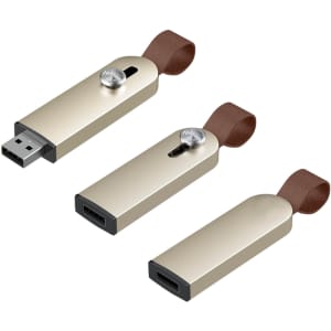 A sliding metal flash drive in gold, featuring a brown strap and a small button, displayed in three positions.