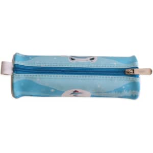 A light blue PU leather pencil case with a zip closure, featuring a simple design and a logo.