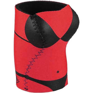 A drink bottle holder with a red design featuring a black bikini, resembling a torso with stitched detailing.
