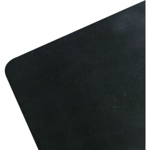 A pet feeding mat in black, featuring a textured surface and rounded corners. It has a logo on one side.
