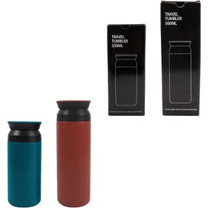 A drink bottle set featuring a turquoise 350ML and a red 500ML double wall stainless steel design, with branding.