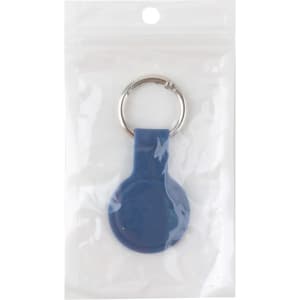 A blue protective case with keyring for an Air Tag, packaged in a clear plastic bag.