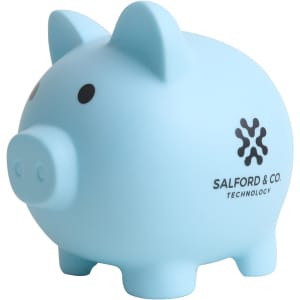 A blue PVC piggy bank with a rounded body and two ears, featuring a branding logo on its side.