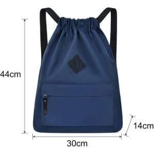 A navy lightweight drawstring backpack with a front pocket and black straps, featuring a logo on the front.