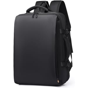 A sleek black travel backpack featuring multiple compartments and a logo on the front. Adjustable straps are visible.