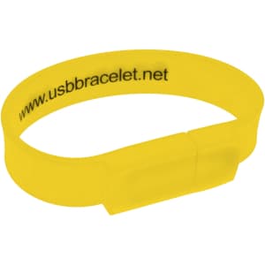 A yellow rectangular silicone wristband flash drive with a logo on the inside.
