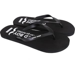 A pair of black EVA classic thongs featuring a textured sole and a logo on the strap.